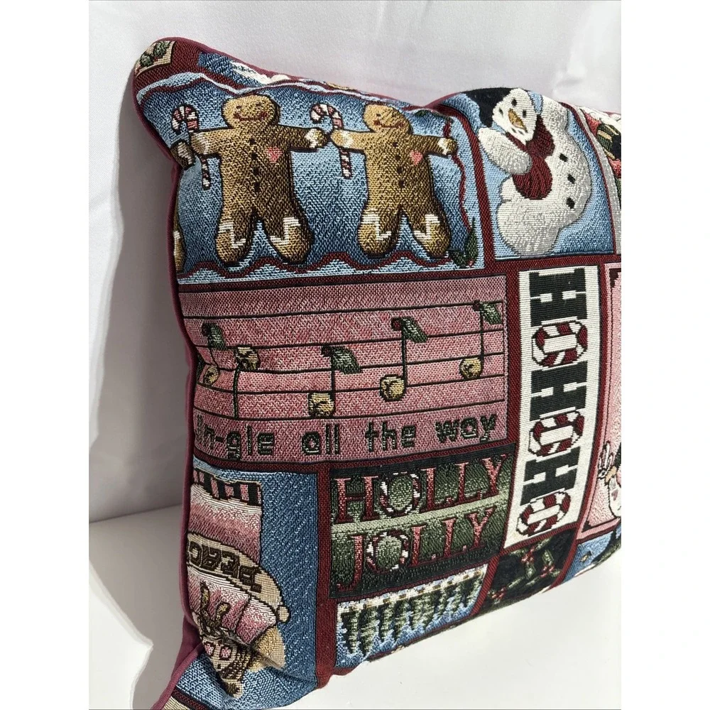Vintage Tapestry‎ Style Santa Snowman Gingerbread Pillow 15 X 15 Christmas